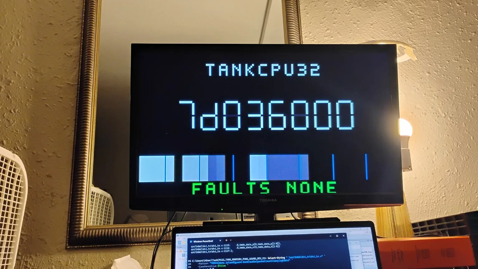 TankCPU32 FPGA hardware diagnostic displayed on a monitor during physical testing.